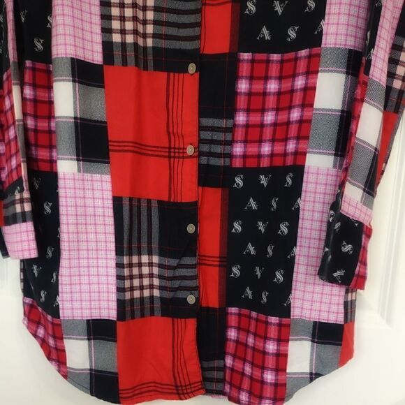 Victoria's Secret Red Patchwork Nightshirt Button Front Knee Length LS Cotton XS - Picture 3 of 9